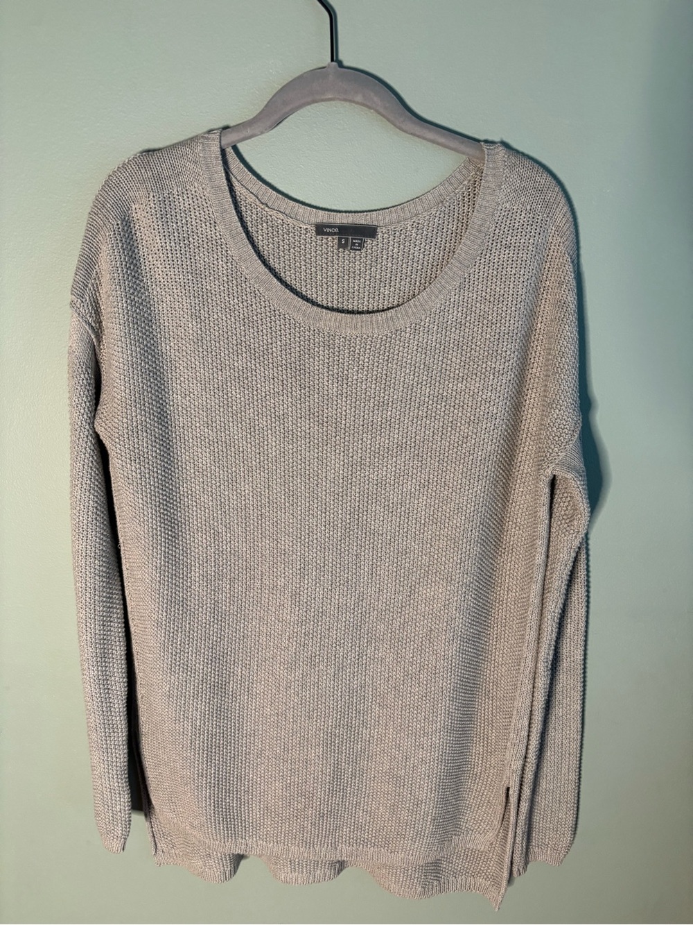 Vince Cotton Cashmere Scoop Neck Shaker Knit Sweater Grey Side Slit Size S
